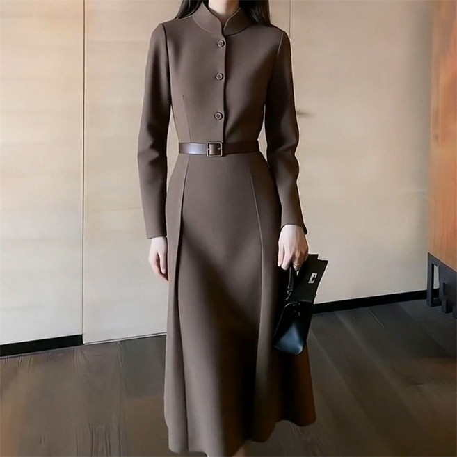 AOKADA 여성 가을 겨울 슬림핏 스탠드 칼라 A라인 오피스룩 하객룩 정장 원피스