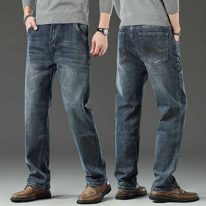 AOKADA 남성 데님 팬츠 봄 가을 루즈핏 스판 일자 통 청바지