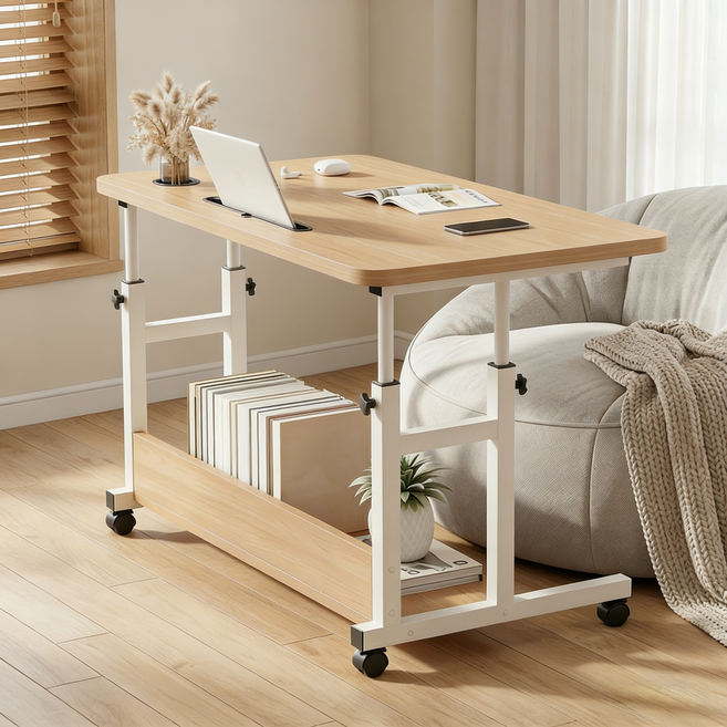 UniNest E0급 800*500 이동식 높이조절 보조 사이드 테이블, 원목색
