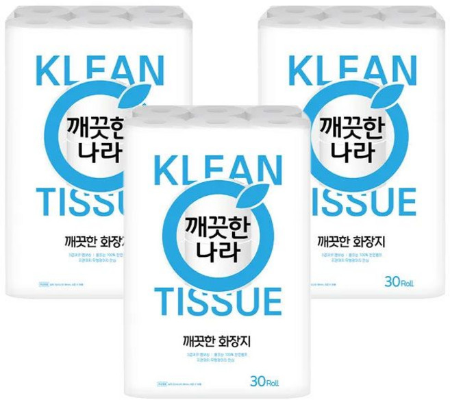 깨끗한나라 깨끗한 3겹 화장지, 3개, 30롤, 25m