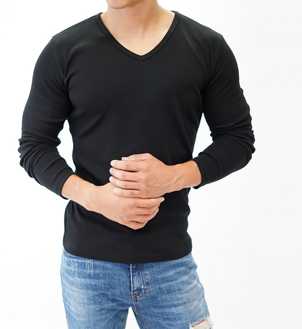 스타토리 짱짱한 면 스판 V넥 긴팔티셔츠 쫄티 슬림핏 무지티 긴팔 티셔츠