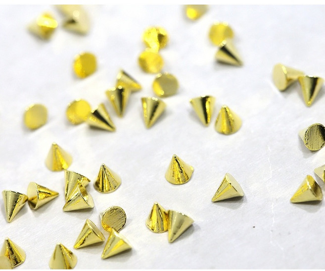 美甲鉚釘飾品 圓錐立體鉚釘 金銀黑金屬感 龐克風穿戴甲配件, 1個, 3mm【金色】50顆, 金色 (3mm)