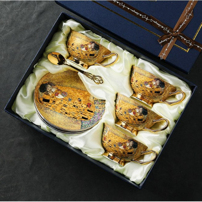 CaecnKoen 구스타프 클림트 키스 커피잔 머그컵 세트 선물 71, 1개, 커피잔4조세트