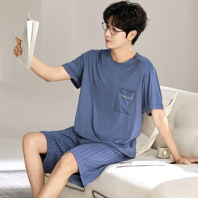 夏季男士莫代爾睡衣短袖短褲寬鬆透氣居家服套裝
