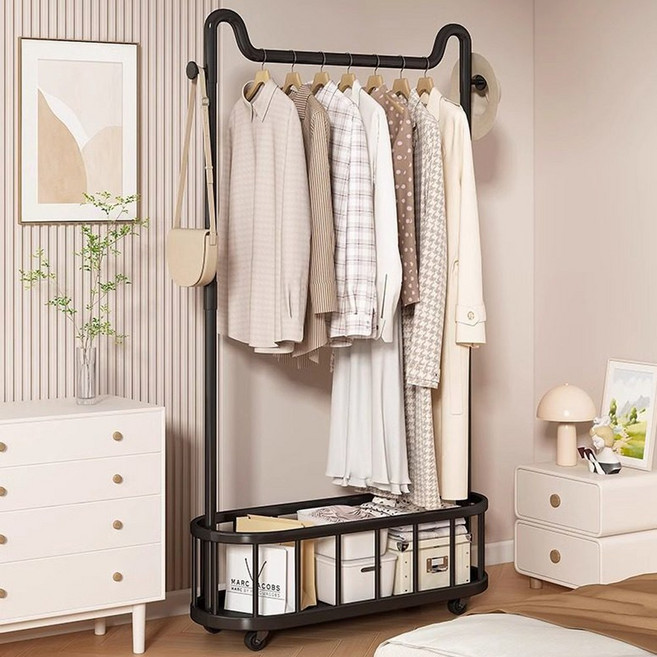 고양이 귀 디자인 이동식 행거 옷걸이 수납 스탠드 바퀴형 의류 정리 옷방용, 블랙