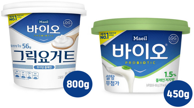 매일바이오 그릭요거트 무가당 플레인800g 1개+매일바이오 플레인저지방450g 1개/냉장무배