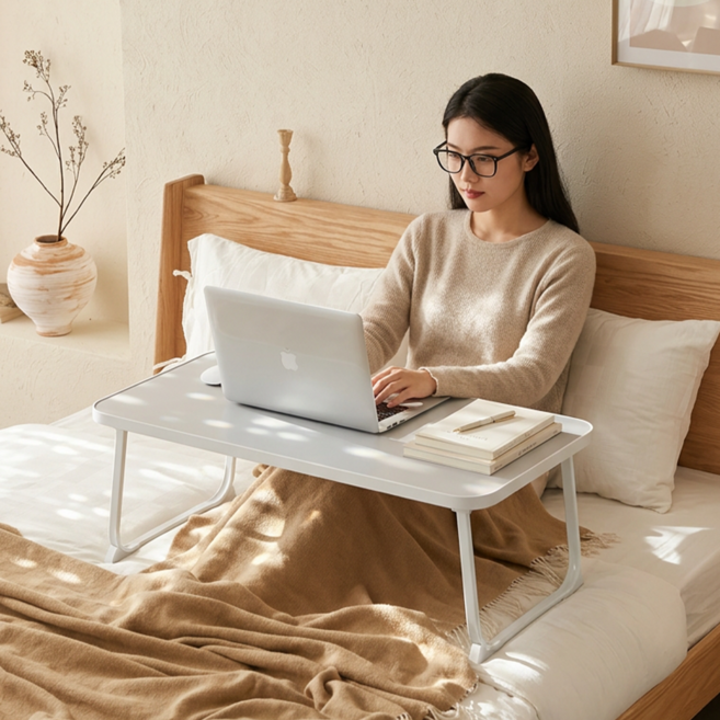 하루꿈 접이식 좌식 테이블 책상 베드 트레이 침대 창가 소파 노트북 공부 테이블, 화이트