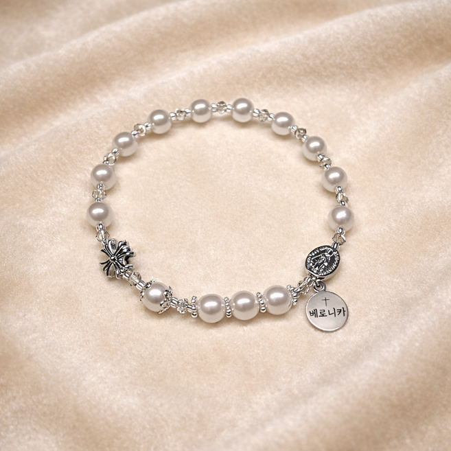 [세례명 각인] 실버 진주 묵주팔찌 묵주 1단묵주, 1개, 기적의패+양면각인