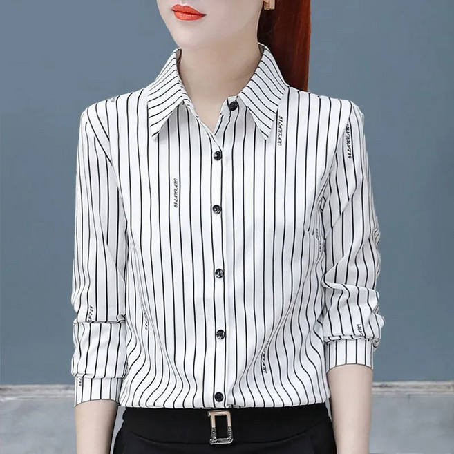 중년 여성 쉬폰 블라우스 봄가을 캐주얼 기질 긴팔 셔츠 엄마 패션 루즈핏 남방 상의 SJS