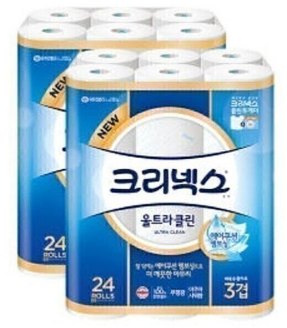 크리넥스 크리넥스 3겹 울트라클린 25M 24롤 2팩 화장지 휴지 두루마리, 2개