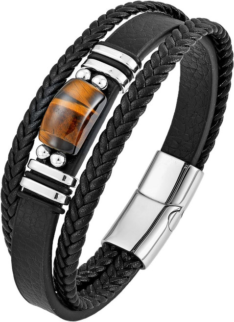 남성용 스타체니 멀티 스트랜드 브레이슬릿 정통 타이거 블랙 땋은 가죽 남성 스테인리스 스틸 버클
