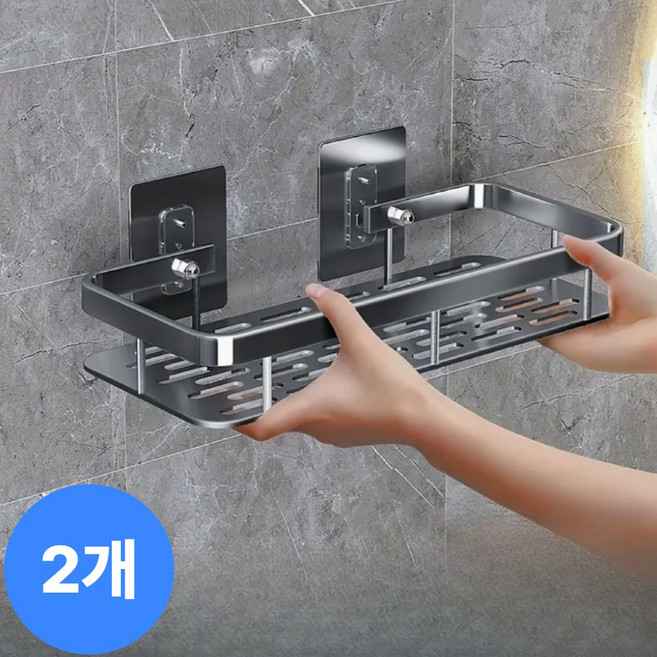 하피하피 깔끔&튼튼 무타공 프리미엄 욕실선반 2개 일자형, 리얼실버