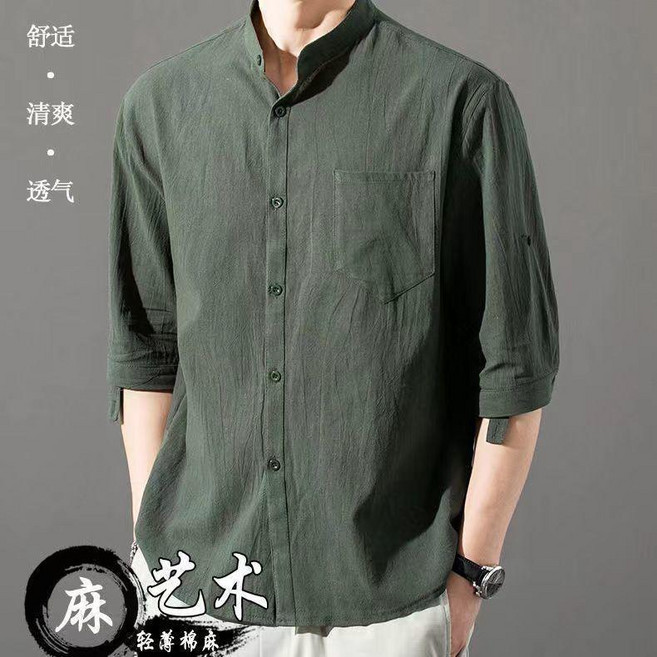 夏季薄款棉麻立領七分袖襯衫男寬鬆休閒五分袖有口袋