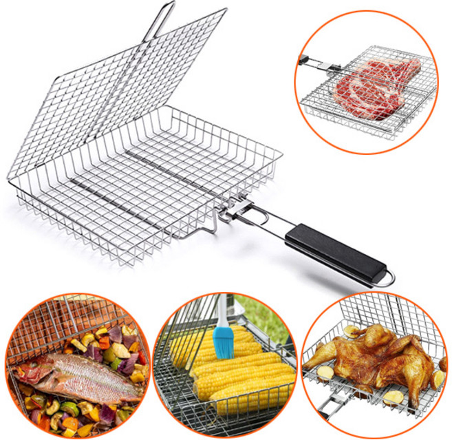 스텐 석쇠 그릴 바베큐 캠핑 양면 사각 두께4CM 생선구이 접이식 구이용 BBQ 바스켓, 1개