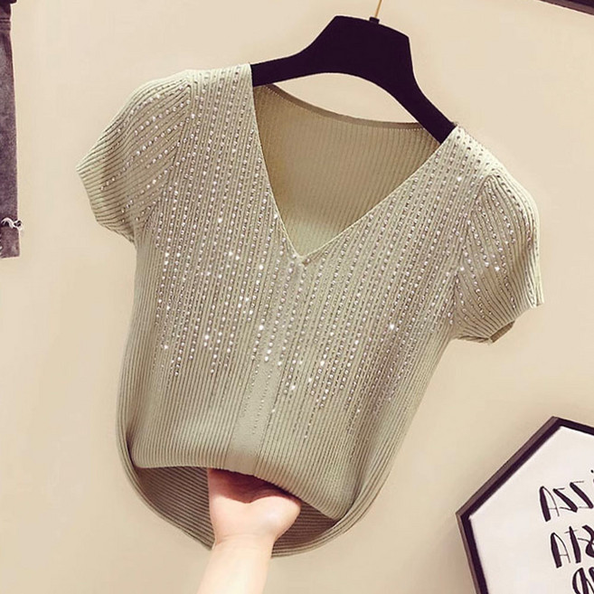 UPPERCUT 여성 반팔 브이넥 반짝이 라인 라틴 댄스복 상의, 그린