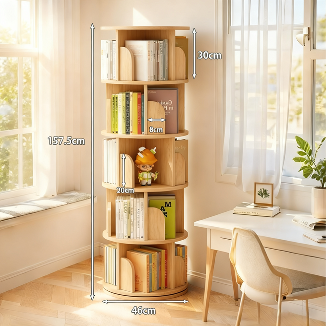 회전 책장 회전형 책장 직경 46CM 대용량 다용도 수납 선반 그림책장, 5단, 원목색