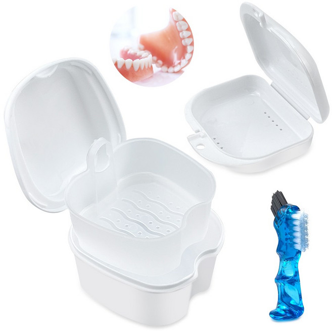 치과 보철물 박스 세트 교정용 리테이너 보철물 보관함 보철물 세척 세트 보철물 보관 용기 여행용(브러시 포함 2개 박스), 1개