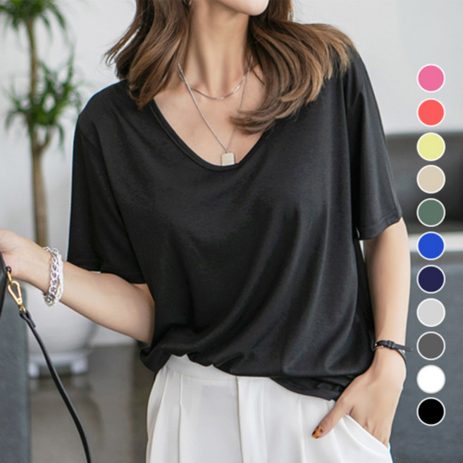 [나크21] (55~120) 여성 빅사이즈 심플 베이직 반팔 스판 이너티 V넥티 KOA-T-18