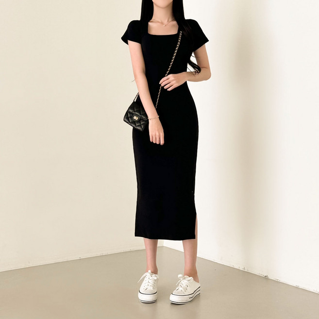 스트릿제이 쫀쫀 스판 롱 원피스 스퀘어넥 반팔