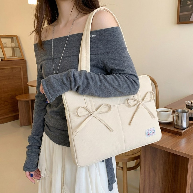 hybe 수납력 좋은 가벼운 출퇴근 아이패드 리본파우치 노트북가방 서류가방, 크림, 1개