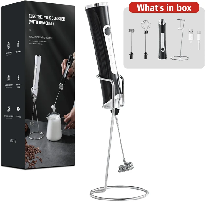 충전식 핸드헬드 우유 거품기 3단 속도 조절 스탠드 포함 전기 거품 제조기 음료 믹서 카푸치노 말차 집들, 02 Black and stand
