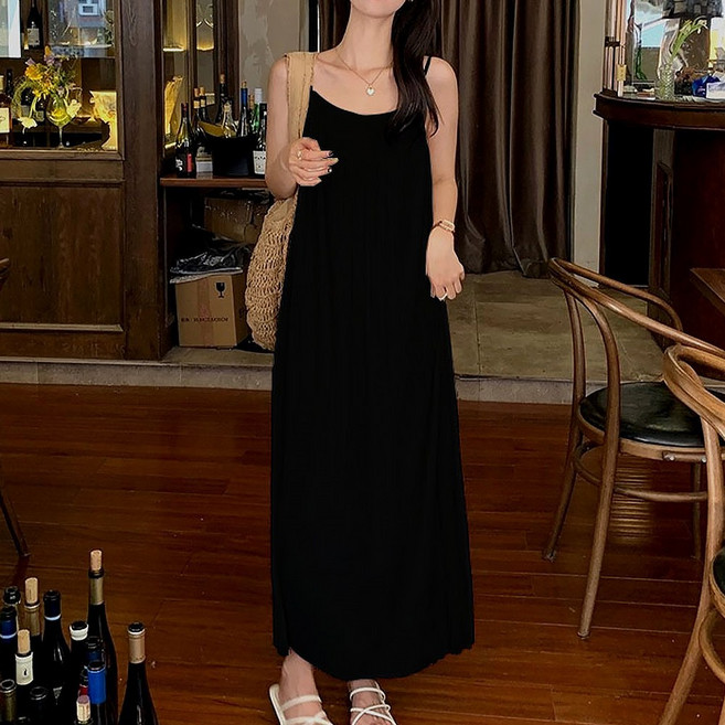 UPPERCUT 여성 플리츠 끈나시 슬립 롱원피스 나시 원피스 휴양지 홈웨어 체형커버