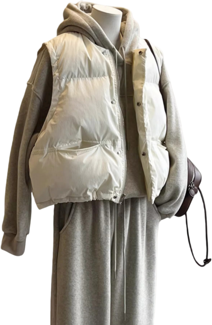 Makone 여성 겨울 캐주얼 루즈핏 집업 패딩 베스트 라운드 초경량 패딩조끼