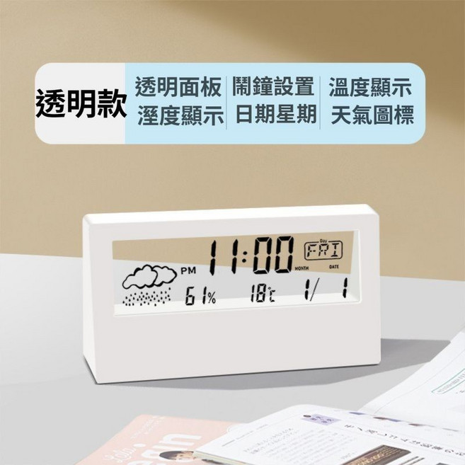 JUNWEI 液晶貪睡鬧鐘，具備溫濕度顯示與日期星期功能，簡約設計提升居家生活品質, 透明款白色
