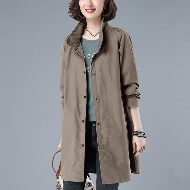 PEROLA 여성 봄 가을 트렌치코트 빅사이즈 루즈핏 데일리 심플 카라넥 바람막이 롱자켓 (S~7XL)