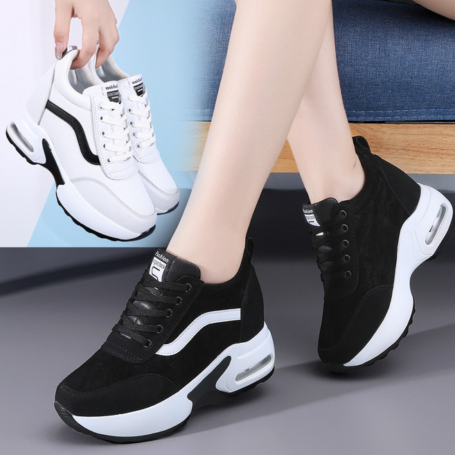 자칠 포인트 발편한 가죽 통굽 키높이 에어 쿠션 운동화 밴딩끈 스니커즈 블랙 화이트 9cm
