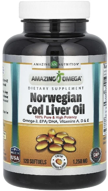 어메이징뉴트리션 노르웨이 Norwegian Cod Liver Oil 프레시오렌지 120정, 1개 - 쿠팡