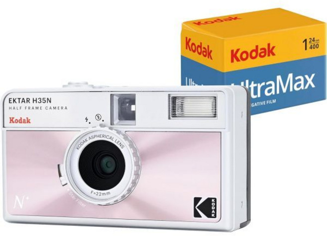 코닥 EKTAR H35N 하프 프레임 필름 카메라 번들 (코닥 울트라맥스 400/24익스포즈 35mm 롤 필름 포함 유약된 핑크 번들), 유광 분홍, 단일