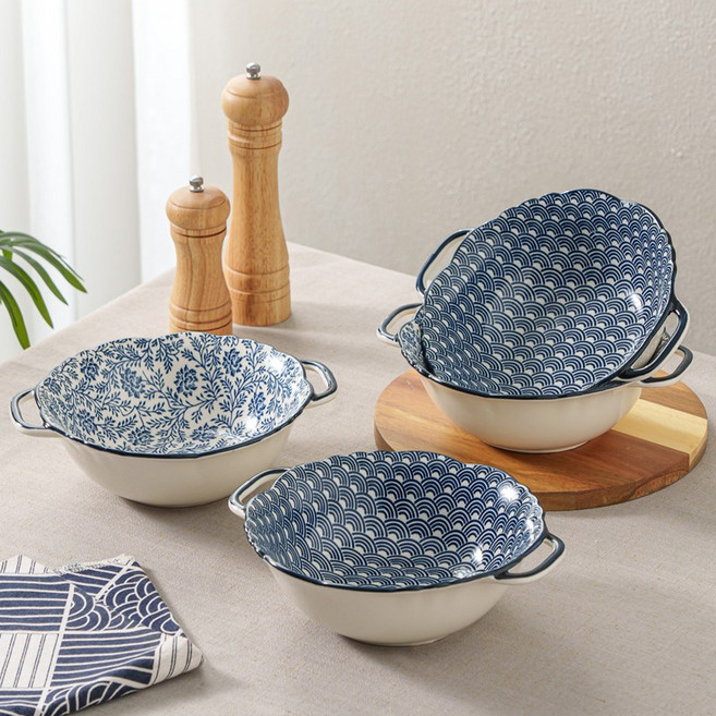 Jin Zhong Tai 청백 양수 그릇 4개입 JS001, 1세트, 블루+화이트