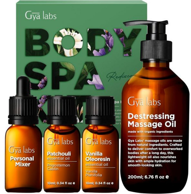 아로마테라피 에센셜 오일 Gya Labs 홈 스파 바디 세트 바닐라 파촐리 디스트레싱 마사지 오일의 자연 향기 여성용 (세트 4개) 피부와 몸 활력 있게 릴렉세이션
