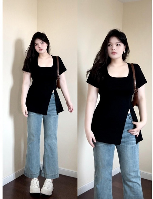 haru 날씬해보이는 빅사이즈 반팔 여성 반팔티셔츠 여름 슬림한 티셔츠(M-4XL)