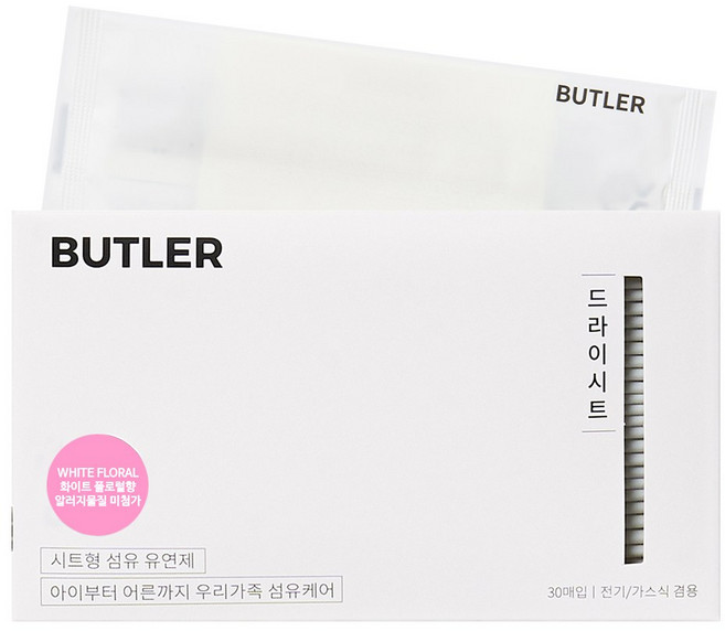 버틀러 건조기 드라이시트 섬유유연제시트 화이트 플로럴향, 1개, 30개입