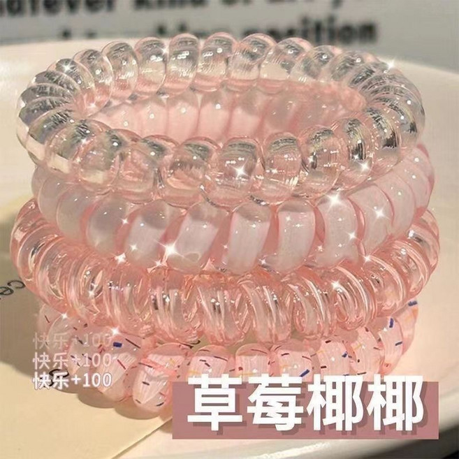 無痕不傷髮電話線髮圈 夏日清新波點髮繩 草莓椰椰多色彈力頭繩 (4入組)