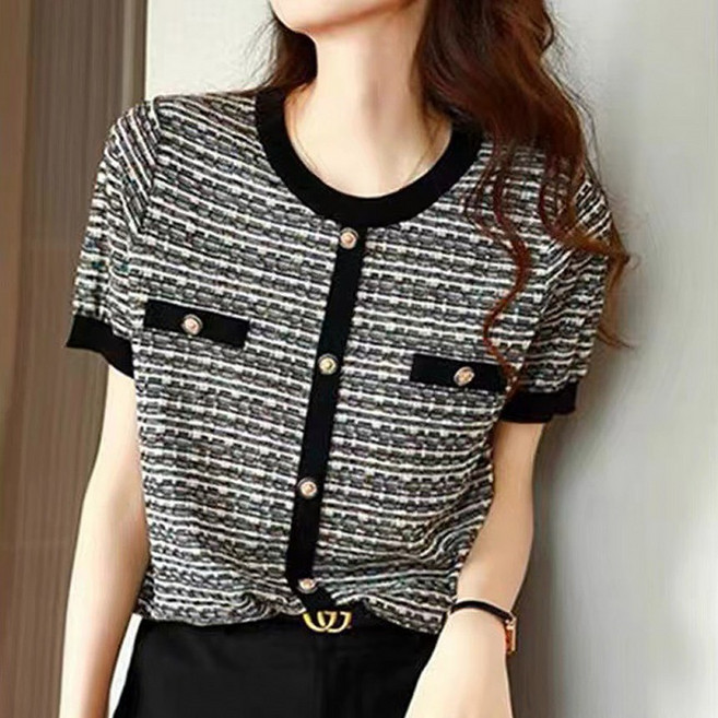 여성 여름 트위드 반팔 니트 하객룩 트위드블링버튼니트