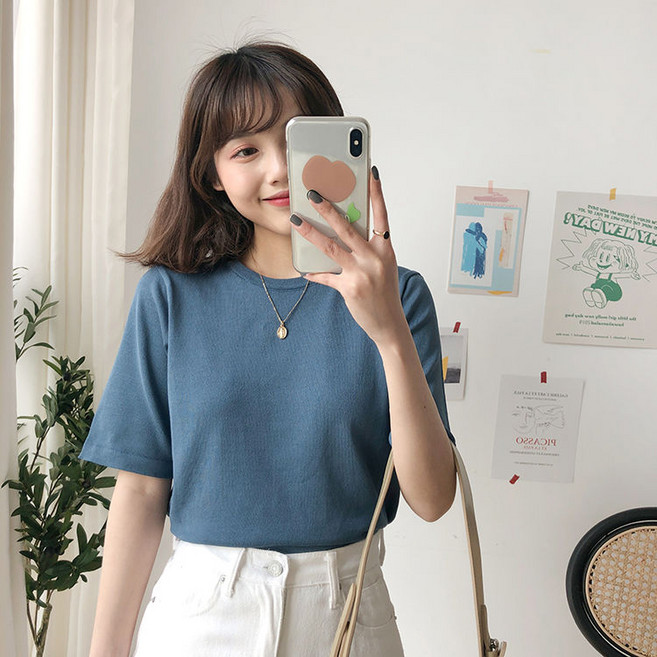 반팔 티셔츠 여하 루즈핏 무지 라운드 학생 내의 투피스 상의 nvduanxiu