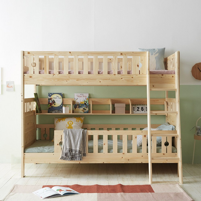 포스트모던 타미 이층침대(독립매트＋책꽂이), 화이트워시 그린