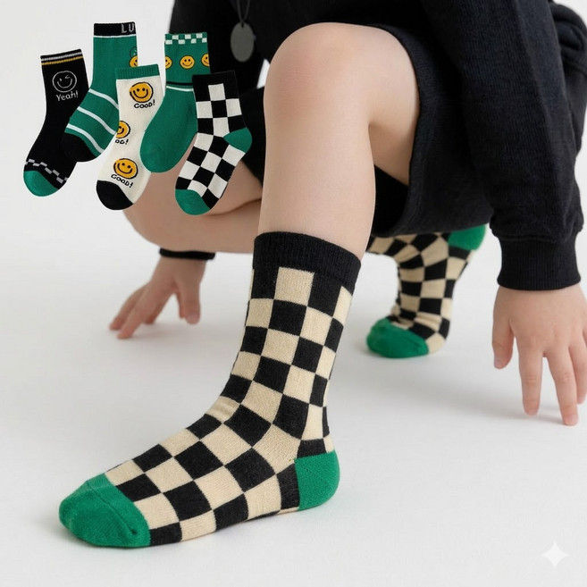 -어반바스켓-스마일 체크 유아동 어린이 중목 양말 5켤레 세트