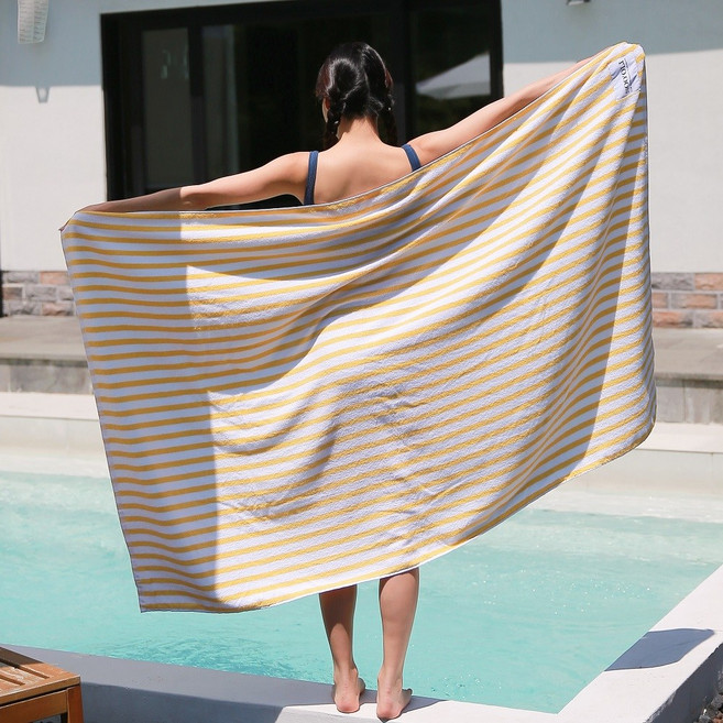 수올리 특대형 비치타월 면 100% 물놀이 스트라이프 비치타올 캠핑 담요 큰수건, 1개, 옐로우