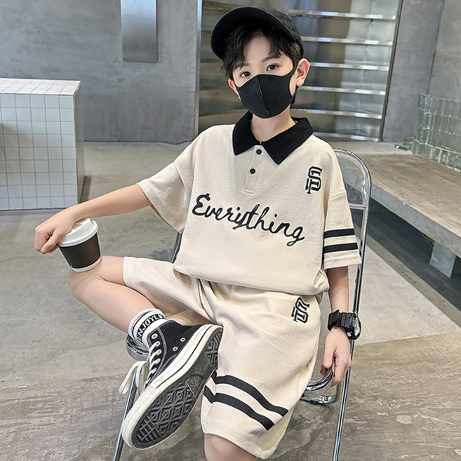 비비키드 남아 여름 레터링 라인 카라티 초등생 반팔티 반바지 상의 초중생 하의 세트 주니어 상의+하의 세트 (2308)
