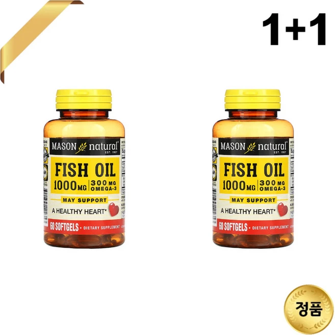 1+1 Mason Natural 피쉬오일 1000mg 60 소프트젤 오메가3 비타민E, 2개, 60정 - 쿠팡