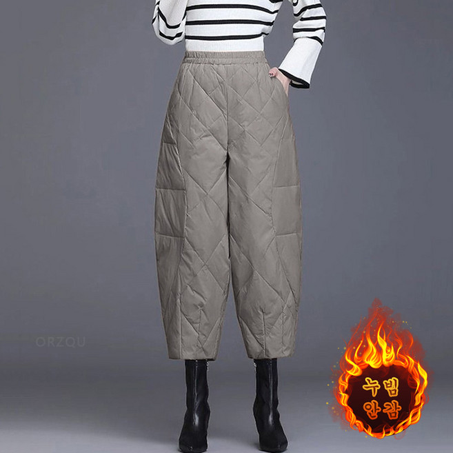 ORZQU 겨울 중장년여성 캐주얼 루즈핏 빅사이즈 8부 바지 밴딩 패딩 팬츠
