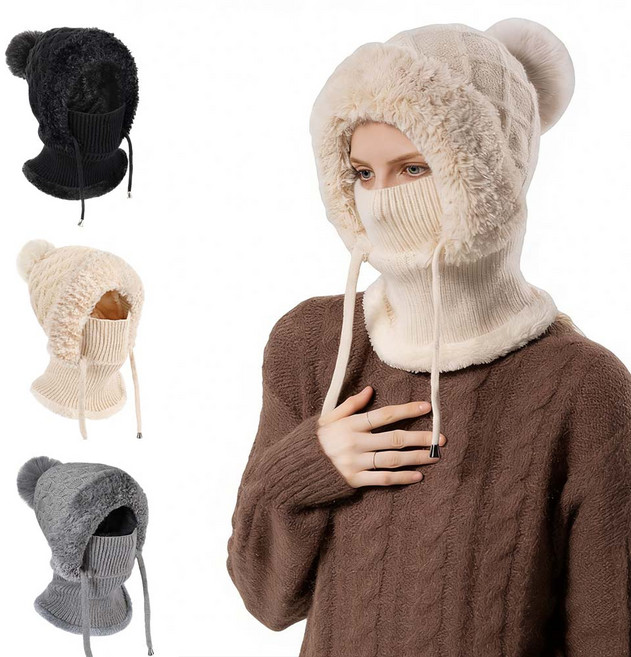 루이 2in1 방한 니트 모자 + 넥워머 보온 방풍 산책/스키/외활동, 베이지, 1개