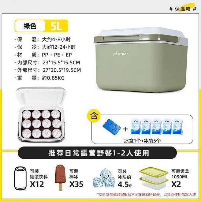 戶外野餐露營保溫箱 加厚車載保冷冰桶 便攜冷藏箱 (綠色), 5升【送冰袋5個+冰板1個】綠色