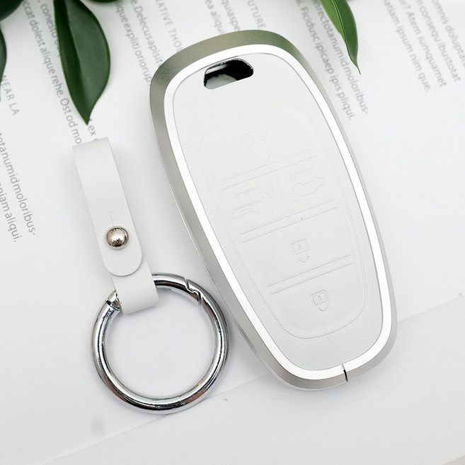 바이어블 현대 호환 더뉴 그랜져 쏘나타 DN8 아이오닉5 넥쏘 호환 키링 키홀더 스마트키 크롬 가죽 키케이스, 6버튼 6A 실버화이트 (VA-U11)