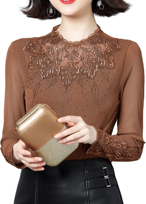 여성 나뭇잎 망사 긴팔 슬림 라틴 사교 라인 댄스복 상의 연습복 왈츠 스포츠댄스복, 와인, XL