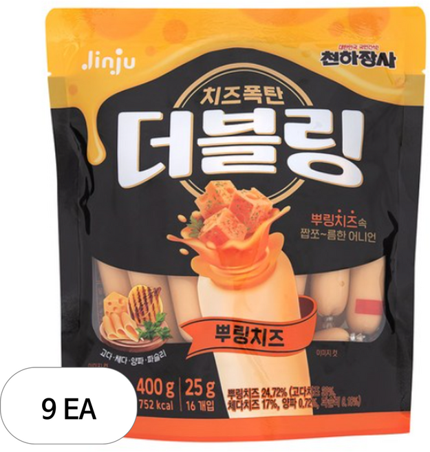 천하장사 더블링 뿌링치즈 파우치, 400g, 9개
